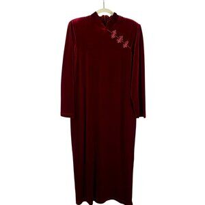 Stretch Velvet Asian Inspired Dress Women 14 Red Long Sleeves Maxi Long Length